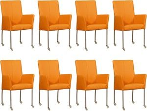 Set van 8 Oranje leren moderne eetkamerstoelen Comfort - Toledo Leer Mandarin (oranje leer)