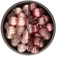 74x stuks kunststof kerstballen mix van velvet roze en lichtroze 6 cm - thumbnail