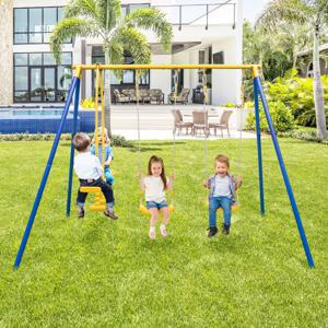 2 in 1 Buiten Kinderschommel met 2 Zitjes & 1 Wip Metalen Schommel met A-Vormig Frame & Verstelbare Touwen voor Kinderen van 3-12 Jaar