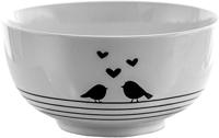 Clayre & Eef Soepkom Ø 14 * 7 cm Wit Zwart Porselein Vogeltjes en hartjes Serveerkom Kommen Rijstkom
