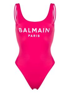 Balmain embroidered-logo scoop-back swimsuit - Rose