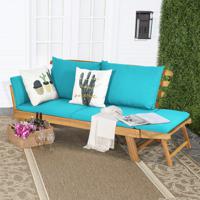 Patio Slaapbank Acacia Houten Dagbed met Verstelbare Armleuning Opvouwbare Chaise Longue met Kussens Buiten Loveseat Turquoise