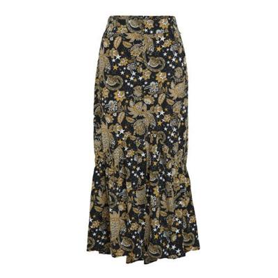 Colourful Rebel midi rok Rive met paisleyprint en volant zwart/ geel