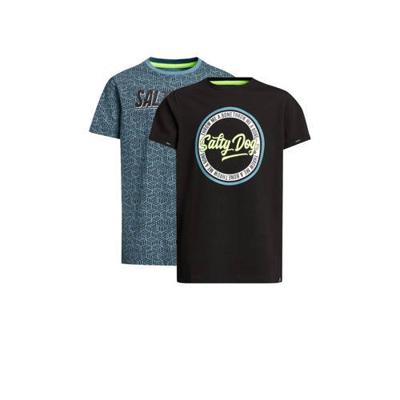 WE Fashion Salty Dog T-shirt - set van 2 zwart/blauw