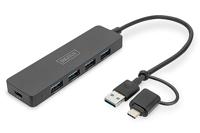 DIGITUS Slim Line 4-poorts USB 3.0 Hub - 4x USB-A - 1x USB-C voedingsaansluiting - tot 5 Gbit/s - incl. USB-A naar USB-C adapter - 0,2m kabellengte - zwart
