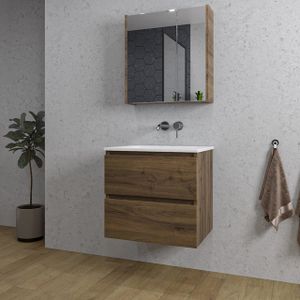 Adema Chaci Badkamermeubelset - 60x46x57cm - 1 keramische wasbak wit - zonder kraangaten - 2 lades - Spiegelkast - noten (hout) SW718696/SW773925/SW812066/SW812072