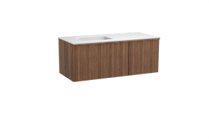 Balmani Forma zwevend badmeubel 120 x 55 cm amerikaans notenhout met Tablo Arcato asymmetrisch linkse wastafel in solid surface mat wit, Verticale asymmetrische ronde ribbel