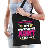 Awesome aunt / geweldige tante katoenen tas - zwart - 42 x 38 cm - thumbnail