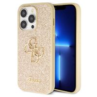 iPhone 15 Pro Max Guess Fixed Glitter 4G Metal Logo Cover - Goud - thumbnail