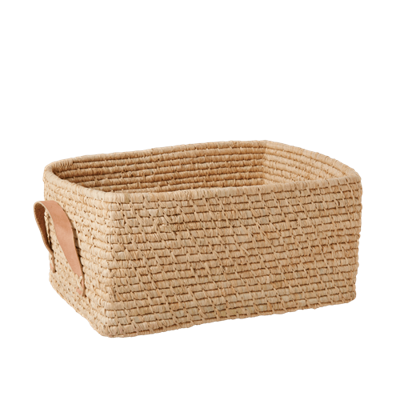 Rice - Raffia Rectangular Basket w. Leather Handle - Nature