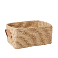 Rice - Raffia Rectangular Basket w. Leather Handle - Nature