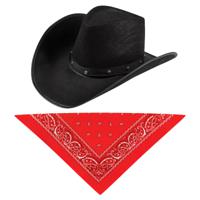 Carnaval verkleedset cowboyhoed Billy Boy - zwart - met rode hals zakdoek - voor volwassenen