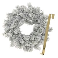 Kerstkrans 35 cm - groen - besneeuwd - met gouden hanger/ophanghaak - kerstversiering - thumbnail