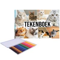 A4 formaat katten schetsboek/ tekenboek/ kleurboek/ schetsblok wit papier met 36x kleurpotloden - thumbnail