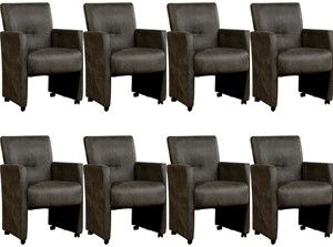 Set van 8 Donkergrijze leren moderne eetkamerfauteuils Pleasure - Kenia Leer Antracite (donkergrijs leer)