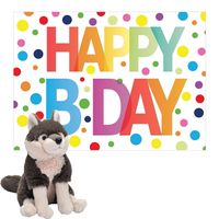 Pluche dieren knuffel grijze wolf 25cm met Happy Birthday wenskaart - thumbnail