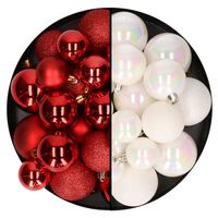 Kerstballen 60x stuks - mix parelmoer wit/rood - 4-5-6 cm - kunststof - thumbnail