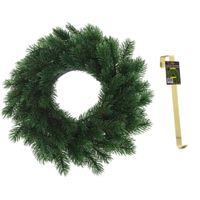 Kunst kerstkrans groen 35 cm met gouden hanger