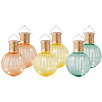 Set van 6x stuks buiten led turquoise, oranje en gele lampion solar verlichting 11 cm