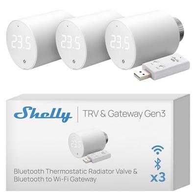 Shelly Blu TRV & Shelly Blu Gateway Gen3 Thermostaatkop voor radiator, Bluetooth-draaiventiel met wifi-verbinding, iOS, Android, Bluetooth-gateway inbegrepen (3 stuks)