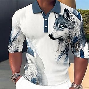 Voor heren POLO Shirt Golfshirt dier Wolf Grafische prints Strijkijzer Blauw-Groen Rood blauw Paars Bruin Buiten Straat Lange mouw Afdrukken Kleding Modieus Streetwear Ontwerper Zacht Lightinthebox