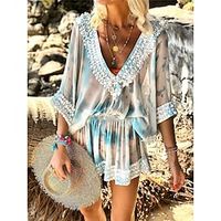 Dames strand jurk Strandkleding Mini-jurk Pailletten Lapwerk Modieus Modern Ombre V-hals 3/4 mouw Ruim Passend Buiten Dagelijks Licht Blauw Groen 2023 Zomer Lente S M L XL Lightinthebox