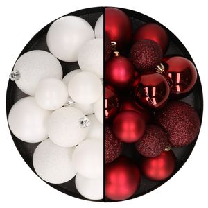 Kerstballen 60x stuks - mix donkerrood/wit - 4-5-6 cm - kunststof