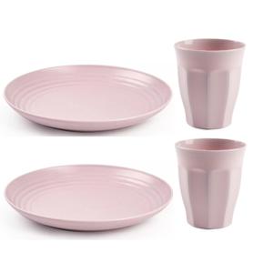 Servies van kunststof - 6x dinerborden en 6x drinkbekers - roze