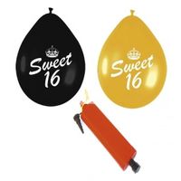 24x Sweet 16 ballonnenpakket zwart en goud inclusief pomp - thumbnail