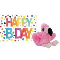 Pluche knuffel flamingo 13 cm met A5-size Happy Birthday wenskaart