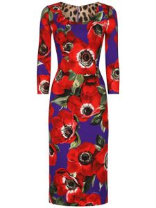 Dolce & Gabbana poppy-print round-neck midi dress - Violet