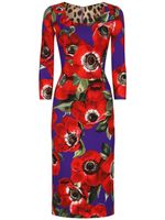 Dolce & Gabbana poppy-print round-neck midi dress - Violet - thumbnail