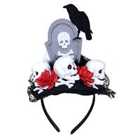 Generique - Grafsteen haarband en bloemen en kraaien voor Halloween en dag van de dooden grijs-zwart-rood