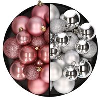 Kerstballen 60x stuks - mix oudroze/zilver - 4-5-6 cm - kunststof - thumbnail