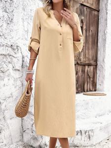 Buckle V Neck Casual Plain Dress With No