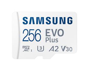 Samsung EVO Plus SDXC-kaart 256 GB Class 10, Class 10 UHS-I, UHS-I, v30 Video Speed Class A2-vermogensstandaard, Incl. SD-adapter, Schokbestendig