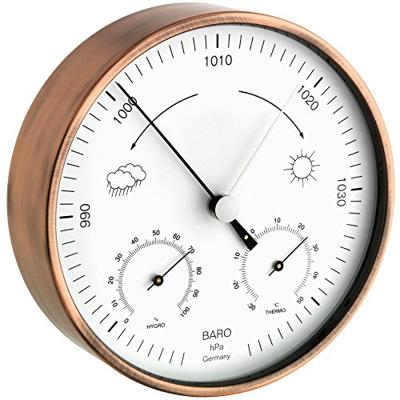 TFA Dostmann analoog weerstation voor binnen en buiten, 20.2027.51, met thermometer, hygrometer en Domatic barometer voor weersvoorspelling, weerbestendig, koper, (L) 160 x (B) 46 x (H) 160 mm