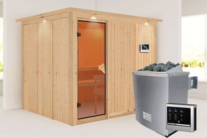 Karibu | Gobin Sauna met Dakkraag | Bronzeglas Deur | Biokachel 9 kW Externe Bediening