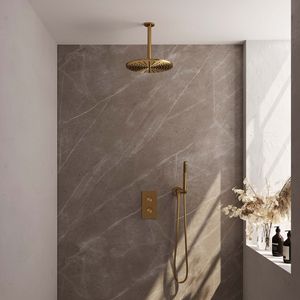 Regendoucheset Inbouw Brauer Gold Edition Thermostatisch 30cm met 3-Weg Omstelling, Plafondarm en Staaf Handdouche Geborsteld Goud