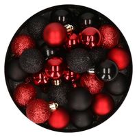 28x stuks kunststof kerstballen rood en zwart mix 3 cm   -