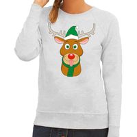 Foute kersttrui grijs met Ruldolf het rendier met groene muts voor dames 2XL (44)  - - thumbnail