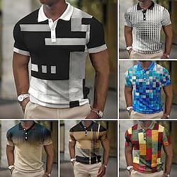 Voor heren POLO Shirt Wafel poloshirt Revers polo Polo's met knopen Golfshirt Ruitjes Grafische prints Geometrie Strijkijzer Lichtgeel Licht Roze Zwart / Wit Wit rood Olijfgroen Buiten Straat Korte Lightinthebox