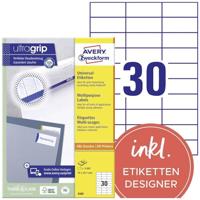 AVERY Zweckform 3489 Universele etiketten (3.000 zelfklevende etiketten, 70 x 29,7 mm op A4, mat papier, individueel bedrukbaar, zelfklevende stickers met ultragrip), 100 vellen, wit