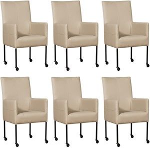 Set van 6 Taupe leren moderne eetkamerstoelen Spark - poot rond zwart met wiel - Toledo Leer Mastic (taupe leer)