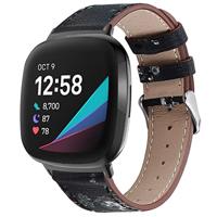 By Qubix - Compatible met Fitbit Versa 3/4 & Sense 1/2 leren bandje - Bloemenprint zwart/wit - Compatible fitbit bandje