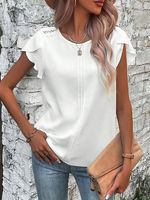 Plain Lace Edge Flouncing Short Sleeve Crew Neck Casual Tunic Shirt - thumbnail