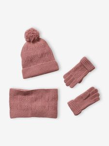 Set van muts + snood + wanten in kabelbreiwerk roze