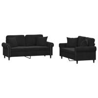 vidaXL 2-delige Loungeset met kussens fluweel zwart, fauteuil, bank, tweezitsbank, 2-zitsbank, sofa, zitbank, fauteuil stoel, 2 zits bank