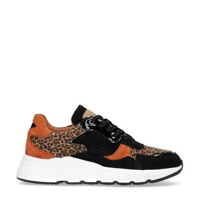 Manfield leren dad sneakers zwart/bruin