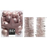 Kerstversiering kerstballen 5-6-8 cm met ster piek en folieslingers pakket lichtroze van 35x stuks